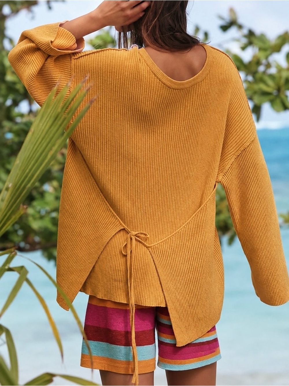 Free People Beach | Oversized Mustard Tie-Front Brig Beach Pullover Sweater ~ SP